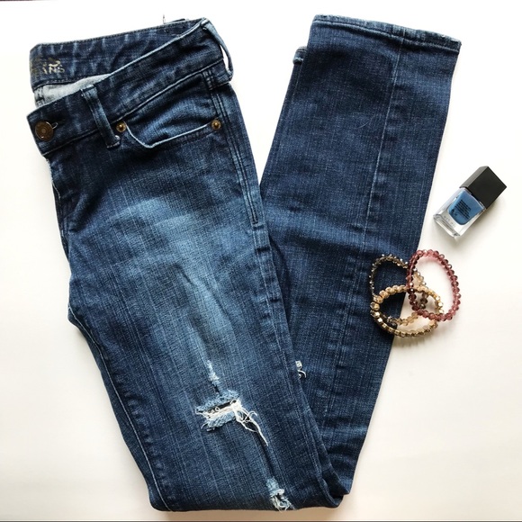 Express Denim - Express Medium Wash Distressed Straight Leg Jeans